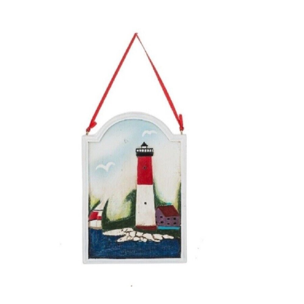 MidwestCBK Lighthouse Scene Christmas Ornament Plaque Coastal Nautical Ribbon